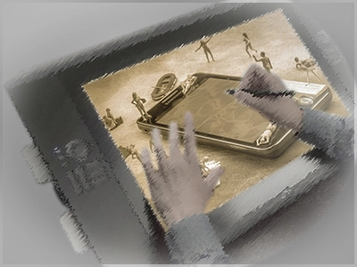 Symbolische Darstellung der digitalen Bildbearbeitung auf einem Tablet: Eine Hand interagiert mit dem Bildschirm, umgeben von kleinen Figuren, die wie winzige Menschen auf der Oberfläche agieren. Die Bildränder sind unscharf und leicht verzerrt, was den kreativen und transformativen Prozess der Bildbearbeitung andeutet. Das Bild ist in Sepia-Tönen gehalten.